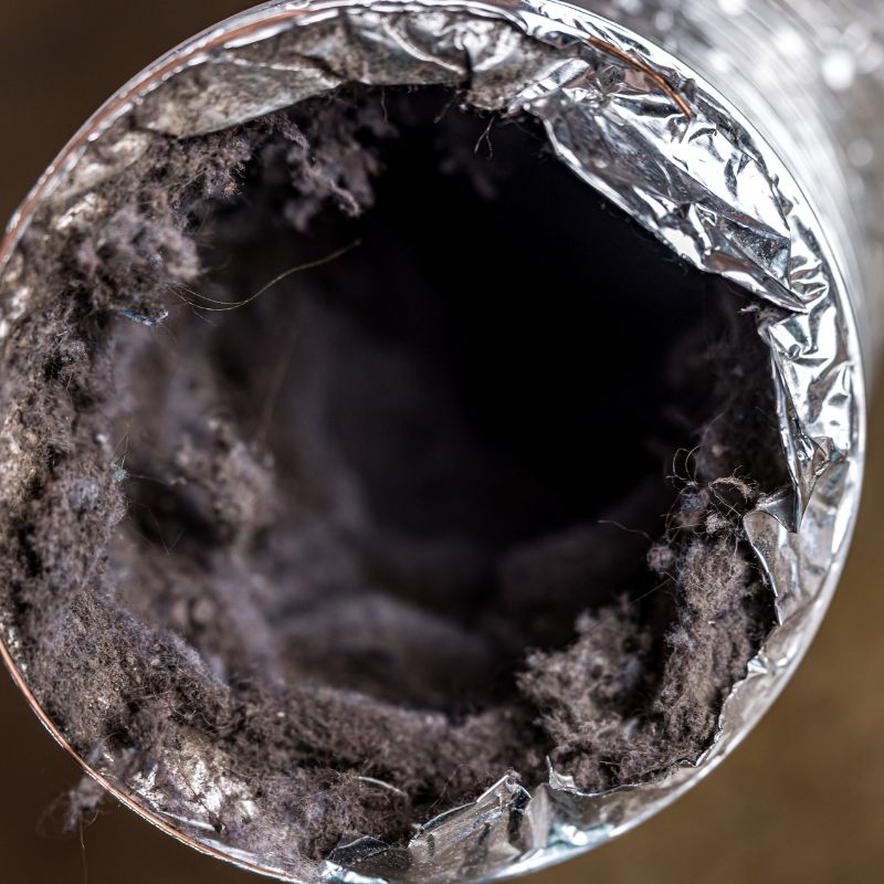 the opening to a dryer vent showing a bunch of lint built up inside